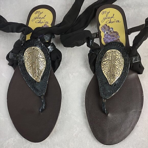 My Good Choice Black Ribbon Sandals With Gold Accent. Size 38 EU = US Size 6. - Picture 2 of 10